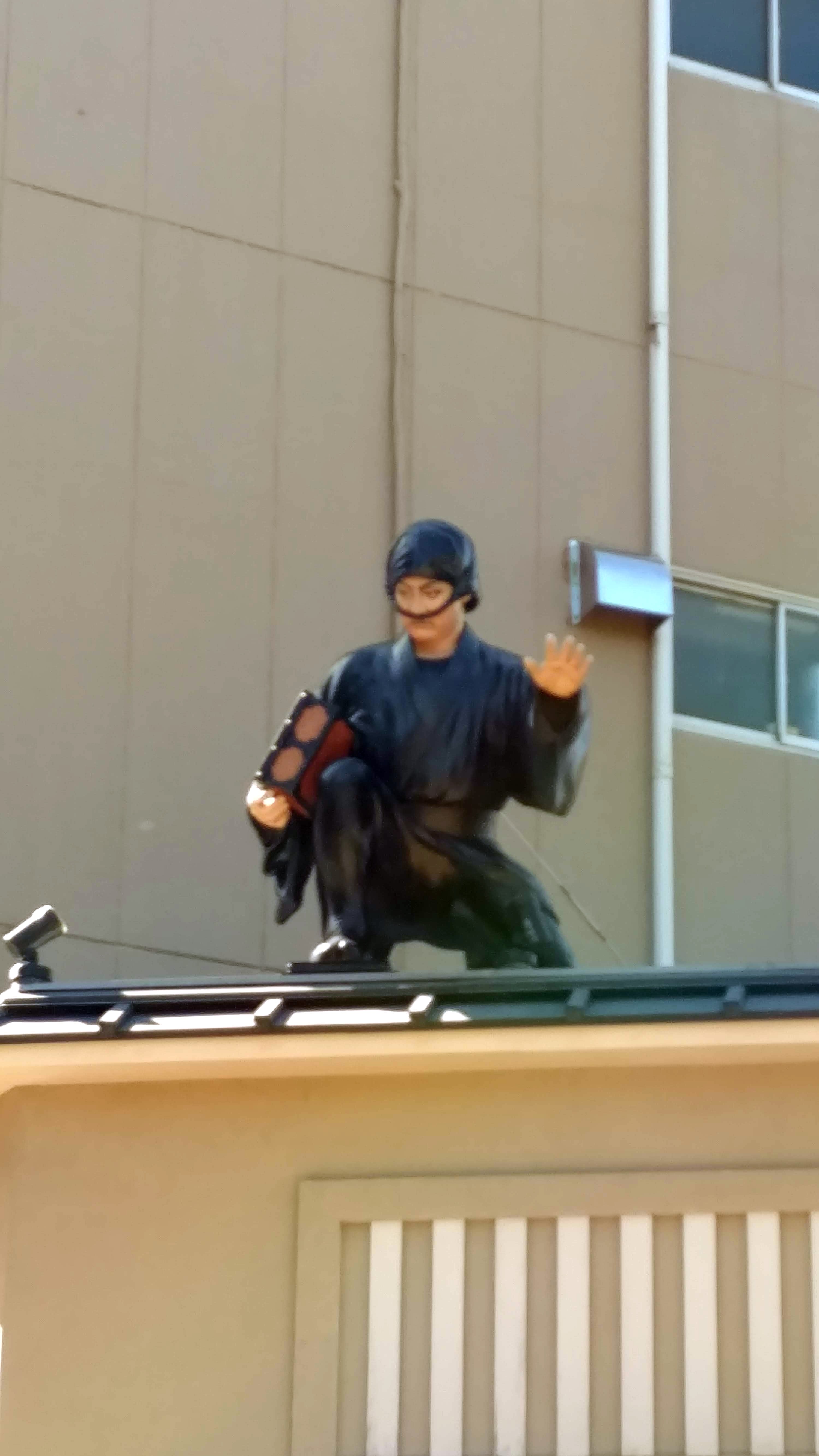 a ninja figure on a building roof
